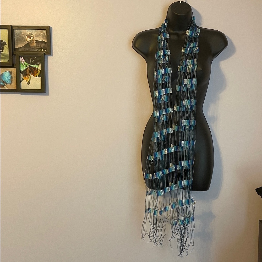 Gift Gallery by Giftcraft Blue Teal Black White Open Weave Knit Scarf OS